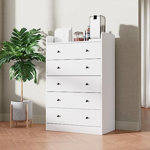 Image of Cozy Castle 5 Drawer Double Dressers Modern Chest of Drawers Large Organizer Wood Accent Storage Cabinets for Living Room Home Office Entryway, White