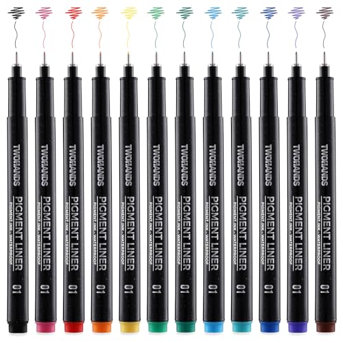 TWOHANDS Micro Fineliner Stifte Pigment Liner Set 12 Farben Filzstiften mit 0.25mm Ultrafeine Spitze Markers Wasserfest für Künstler Illustration Skizzen Technisches Zeichnen 21281
