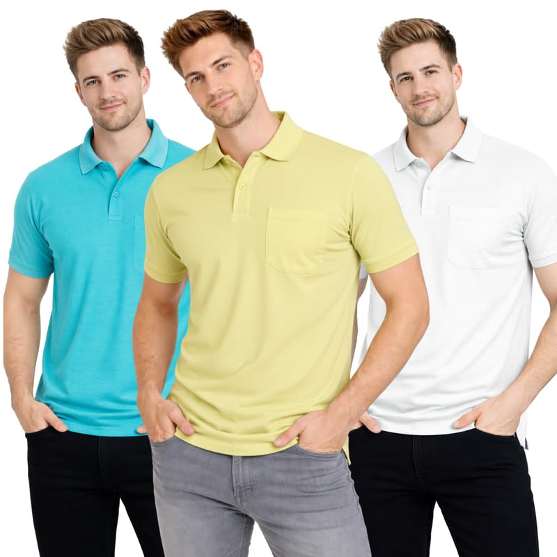 Image of SMAN Polo Neck T-Shirt Pack of 3 for Men & Boys | Half Sleeve Collar Tee with Pocket | Premium Spun Matty Fabric | Casual & Office Wear | Sizes M to 2XL | FX PO3 MCR LMN WHT