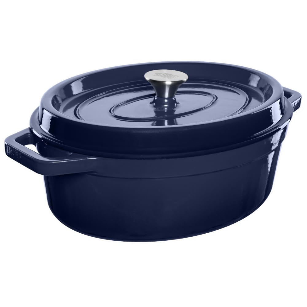 Cazuela de hierro fundido esmaltado con tapa y asas anchas - Cacerola ovalada de diseño elegante para preparar las más deliciosas avenas, sopas, salsas y guisos - Capacidad de 5,6L, Azul