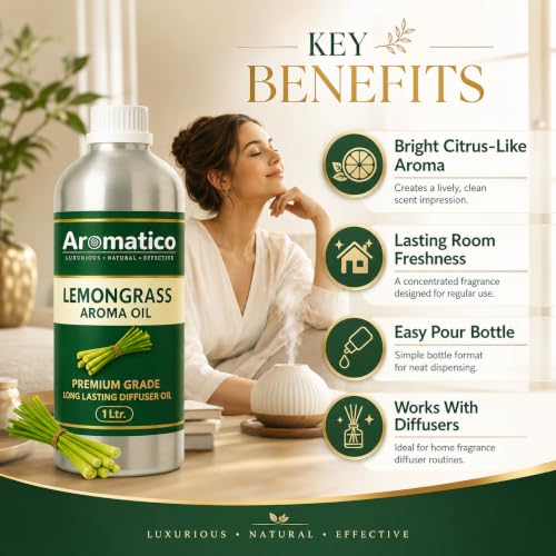 Image of AROMATICO Lemongrass Diffuser Oil with Strong,Long-Lasting Aroma. Light,Citrusy,Stress Relieving Oil for Homes,Offices & Showroom. Aromatherapy,Diffusers, Purifiers,Vaporizers - 1 L (1000 ml)