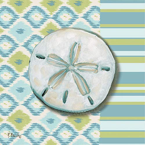 Gango Editions Colorful Watercolor Coastal Shells On An Ikat Backgroundt, Four 12 By 12-Inch Canvases; Ready To Hang! Blue/Green/Teal #TOP4