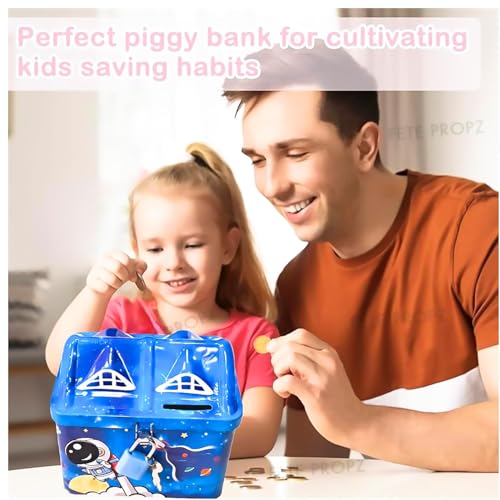 Image of Kids Lockable Piggy Bank Coin Box with Key | Cute House Shape Money Saving Box for Children | Cartoon & Space Design Cash Coin Bank | Educational Savings Toy Gift for Boys & Girls
