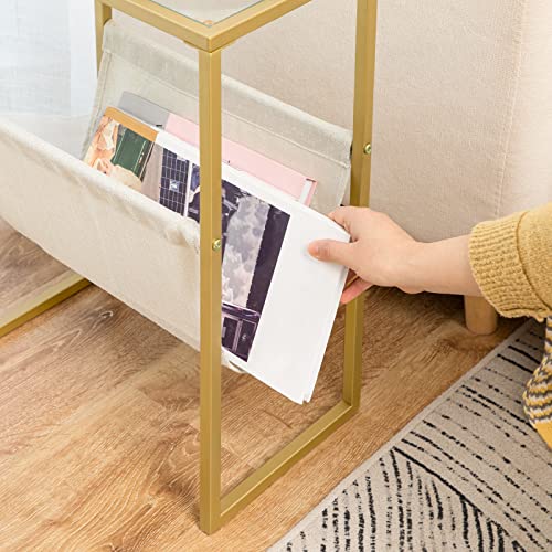 HOOBRO Beistelltisch Schmal, Nachttisch mit Zeitschriftenschlinge aus Stoff und Glasplatte, Geeignet für Kleine Räume, Gold EGD66BZ01