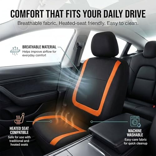Image of FH Group Car Seat Covers Full Set Cloth - Universal Fit Automotive Seat Covers, Low Back Front Seat Covers, Solid Back Seat Cover, Washable Car Seat Cover for SUV, Sedan and Van Orange