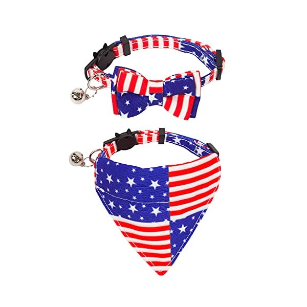 Adoggygo american flag cat collar bandana, 4th of july breakaway cat kitten collars with removable bowtie bandana patriotic collars for cat kitten (4th of july)