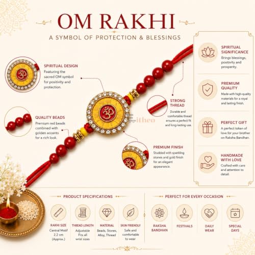 Image of EITHEO OM Rakhi for Brother with Red Beads & Crystal Border, Traditional Handmade Raksha Bandhan Rakhi, Adjustable Sacred Thread with Roli Chawal, Chandan & Mishri (Pack of 1)