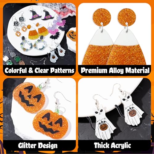 Y1tvei Halloween Glitter Acrylic Earrings - 9 Pairs Pumpkin Wreath Witch Hat Black Boots Bat White Ghosts Charm Earring Sparkly Drop Dangle Stud Ear Decor Jewelry Accessory Supplies for Women Party3