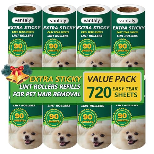 Vantaly Extra Sticky Lint Roller Refills Fits Most 3.9-4 Standard Size Lint Roller with Inner Diameter at 1.5 8 Pack with 720 Sheets Total Pet Hair Remover for Clothes Car Furniture