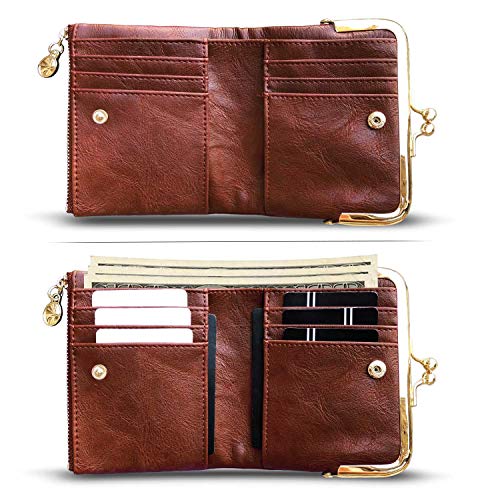 Image of AOXONEL Womens Wallet Small Rfid Ladies Compact Bifold Leather Vintage Coin Purse With Zipper and Kiss Lock, Brown, Small