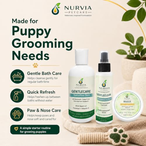 Image of Puppy Starter Kit by Nurvia Petcare | Oatmeal Puppy Shampoo + Waterless Dry Bath + Goat Milk Paw Balm | Hypoallergenic pH Balanced Sulphate-Free | 3-Step Gentle Grooming for Puppies 8 Weeks+