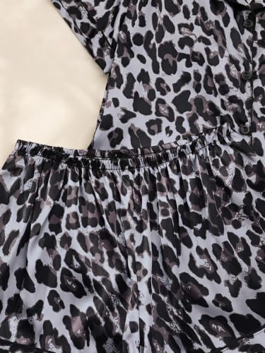 Image of SHENHE Women's 2 Piece Satin Pajama Set Leopard Short Sleeve Pj Shorts Set | Button Down, Cheetah Pjs Set, Silk Pajama Set, Sexy