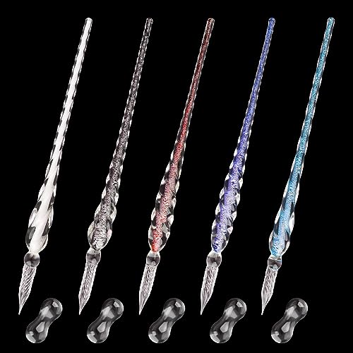 WANDIC Handmade Stained Glass Dip Pen, 5Pcs 7.2'' Colorful Crystal Pen Kit with Holders Rainbow Crystal Pen for Art Signature