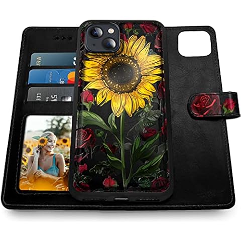 Shields Up Designed for iPhone 14 Plus Wallet Case, Detachable Magnetic Case Wallet with Card Holder & Strap for Girls/Women, Vegan Leather Cover for iPhone 14 Plus 6.7 inch -Rose Flower/Sunflower Cover