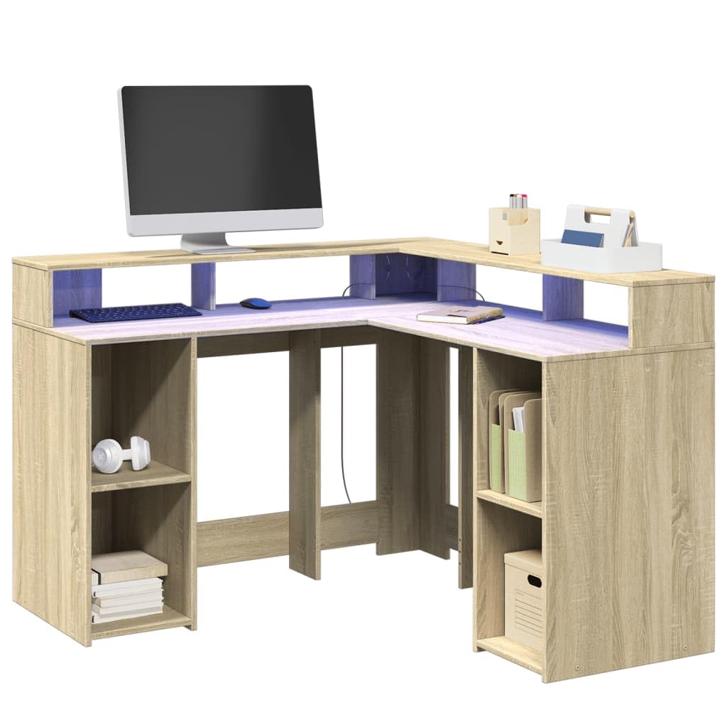Homgoday Biurko z diodami LED, dębowe Sonoma 130 x 130 x 91 cm, z płyty wiórowej, meble biurka, półki, biurko komputerowe, biurko, biurko do gier, do pokoju dziecięcego