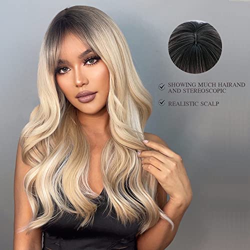 Esmee Long Wavy Ombre Blonde Wigs with Bangs for Women Natural Synthetic Hair Heat Resistant Ombre Wigs with Dark Roots for Daily Party Cosplay Use-24 Inches - Image 2