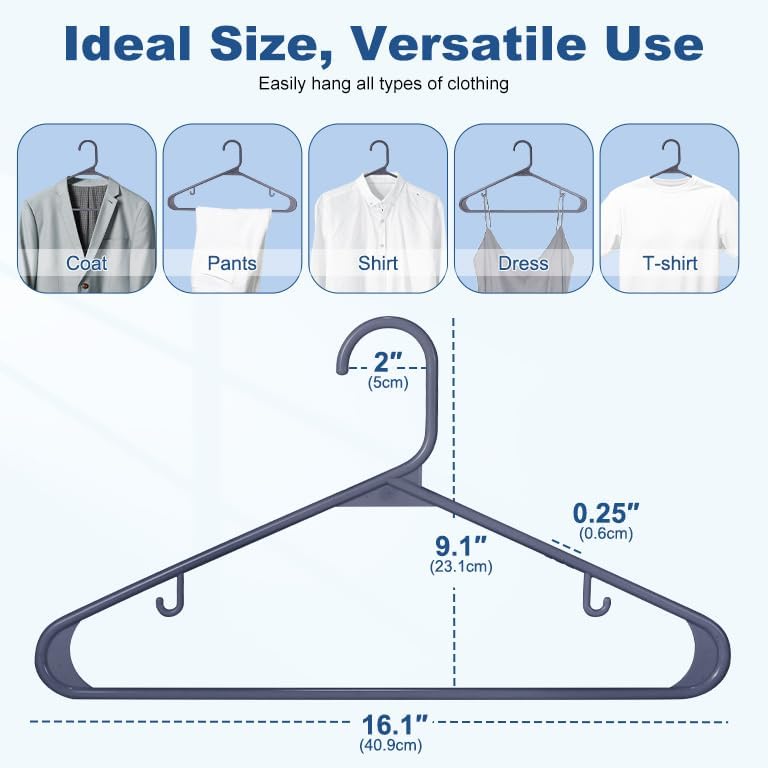 house day grey plastic hangers 60 pack, non-slip plastic hanger with dual hooks - slim space saving 1/4" thin closet organizers for coats, shirts, pants & dresses - lightweight garment friendly 60 pack gray