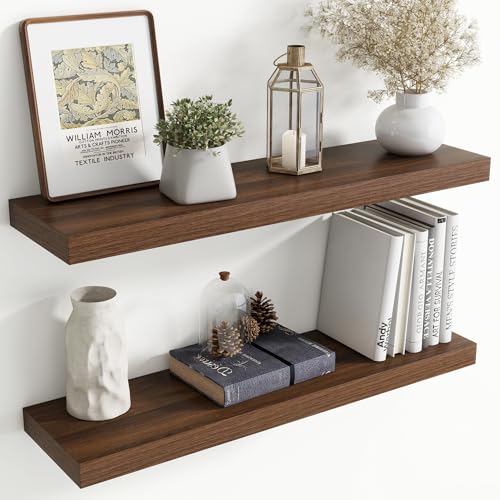 Image of 36 Inch Floating Shelves for Wall, 8 Inch Deep Floating Shelf for Storage & Display, Rustic Wall Mounted Shelf with Invisible Brackets for Living Room, Kitchen, Bathroom, Home Decor, Set of 2, Walnut