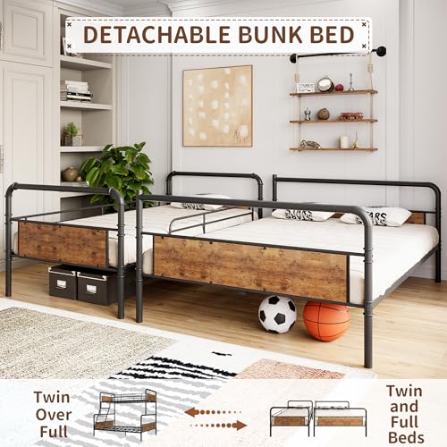 Garvee Bunk Beds Twin Over Full Size, Heavy Duty Bunk Beds with Ladder and Guardrail,Metal Bunk Bed for Kids,Teens,Noise-Free,Black & Brown