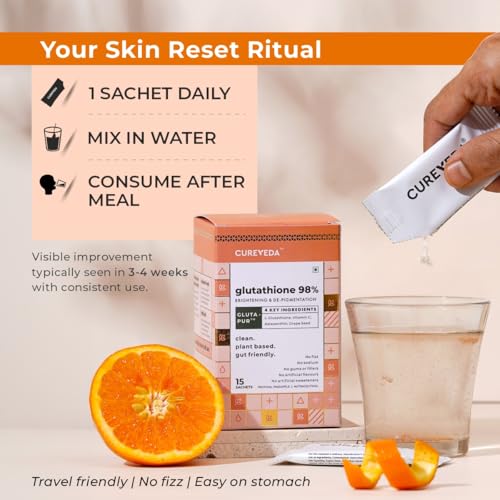 Image of Cureveda Glutathione with Vitamin C | Skin Brightening & Radiance Supplement | Supports Depigmentation & De-tanning | No Maltodextrin & Artificial Additives (15 Sachets, Pineapple)