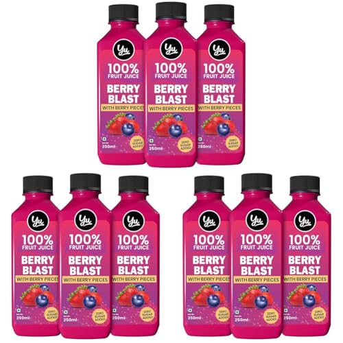 Image of Yu Foodlabs 100% Fruit Juice - Berry Blast - With Blueberry Pieces - Pack of 9 - No Added Sugar Healthy Beverage - 100% Natural Ingredients - Zero Preservatives - 750 ml (3 x 250 ml) - Yu