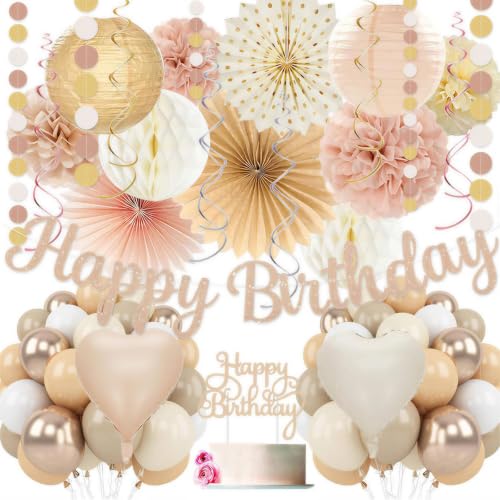 Decoraciones de cumpleaños beige de 56 piezas para mujer con globos y pompones