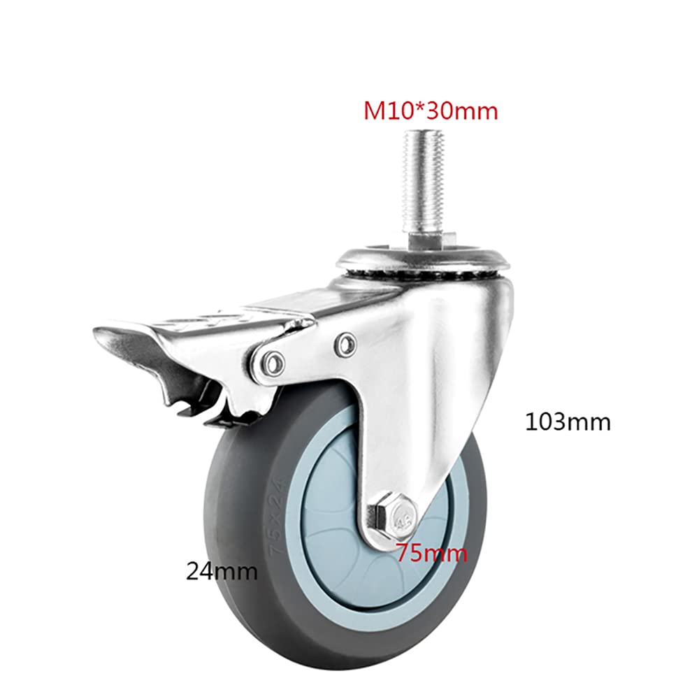 Rubberen zwenkwielen met rem, 3 inch zwenkwiel, M10 meubelwiel met schroefdraad, voor trolley/rolstoel, dragend 80 kg, 4 stuks