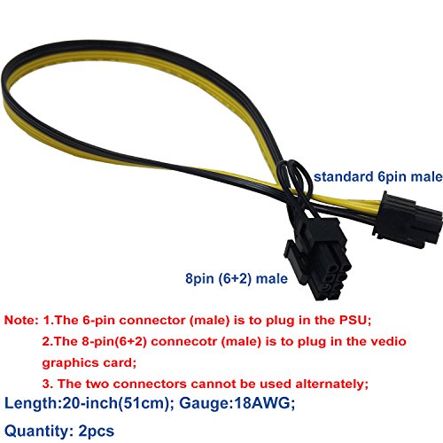 COMeap (2-Pack) 6 Pin Male to 8 Pin (6+2) PCI Express Power Adapter Cable for CoolerMaster and Thermaltake Power Supply with 6 Pin Port 20-inch (51cm)