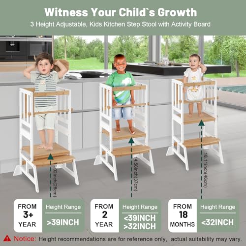 Image of COSYLAND Toddler Standing Tower - Adjustable Height Toddler Kitchen Stool Helper - Kids Kitchen Step Stool for Learning with Removable Safety Railing White & Natural