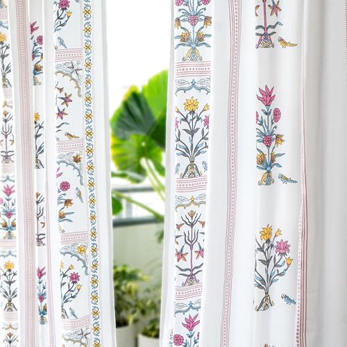 Image of Tranquebar Curtain Co. Window Curtains 6 Feet, 60-65% Room Darkening, Pink Floral Print, Cotton Curtains for Window, Cotton Curtains 6 Feet Long Set of 2, BackTabs, Sashi (183 cm) - Set of 2