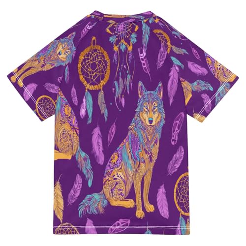 Boys Short Sleeve T-Shirts Dream Catcher Wolf Ethnic Rashguard Kids Swim Shirts Sun UPF 50+2