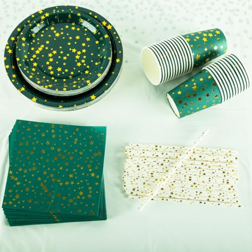 CEILIWEN 125PCS Green & Gold Stars Party Tableware Set - 9'' & 7'' Foil Paper Plates, Napkins, Cups & Straws - for Christmas, Birthday, Wedding, Graduation, New Year (Green & Gold Stars) - Image 4