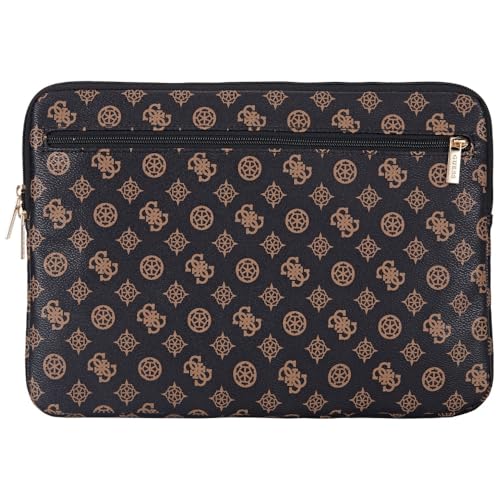 Image of Guess 14-Inch Laptop Sleeve Case Official Licensed by CG Mobile | Elegant Peony Pattern, PU Leather with Front Pocket & Triangle Metal Logo | Stylish Protective Laptop /MacBook Bag for Men & Women