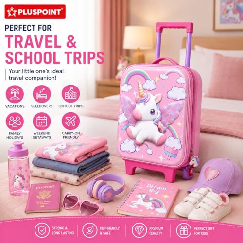 Image of PLUSPOINT Unicorn Theme Kids Trolley Bag | 16 Inch Hard Shell Cabin Luggage with Wheels & Telescopic Handle | Lightweight Travel Suitcase for Girls | School Trips, Vacations, Holidays & Weekend Travel