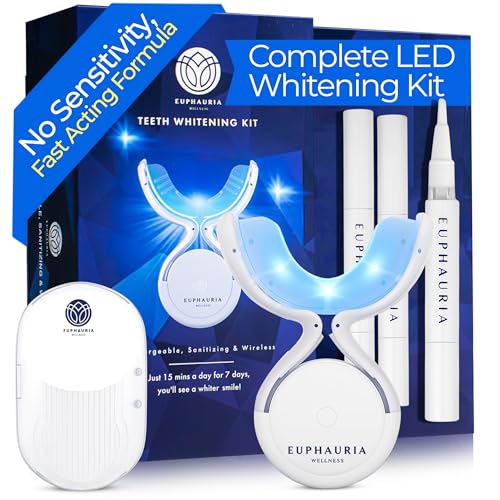 Euphauria at Home Teeth Whitening Kit with LED Light, No Sensitivity Teeth Whitening Gel Pen (Pack of 3), Enamel Safe, Rechargeable Wireless Red & Blue UV Whitening Spectrum, Sanitizing Storage Case
