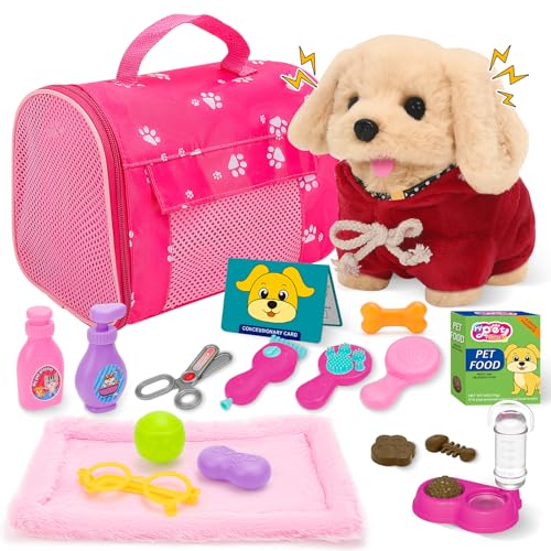 deAO Giocattoli per Cani con Borsa per Bambini, Cagnolino Giocattolo Bambini, Cane Elettronico con Guinzaglio, Giocattoli Elettronici in Peluche che Camminano e Abbaiano, Regalo 3 4 5 Anni+, Rosa