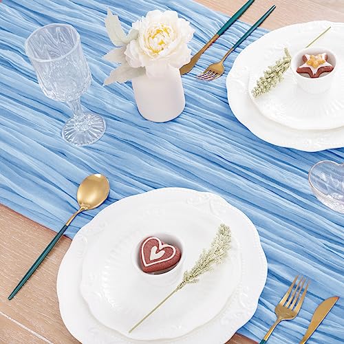 Image of MLMC Light Blue Table Runner Baby Blue Cheesecloth Table Runner 10ft Baby Shower Decorations Rustic Gauze Cheese Cloth Centerpiece 35x120 Inches for Gender Reveal Birthday Party Wedding Decor