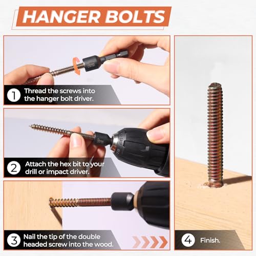 Swozzto 17 16Pcs 1/4"-20 X 3 Inch Hanger Bolts Kit & 1Pcs 1/4"-20 Hanger Bolt Driver thumb #4