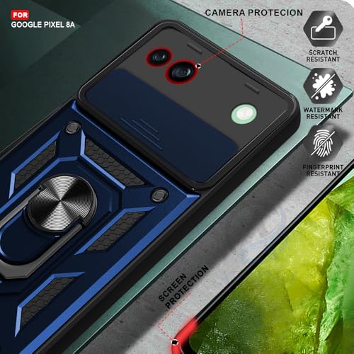 Image of AESTMO Tough Armor Google Pixel 8A Bumper Back Case Cover | Ring Holder & Sliding Camera Shield Cover | 360 Degree Protection Back Case Cover for Google Pixel 8A (Blue)