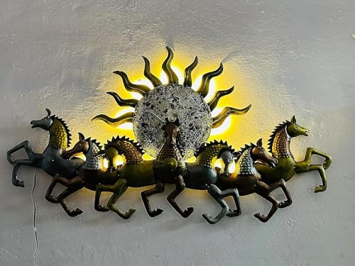 Image of pranjals house Metal Handpainted Rustic Iron Wall Hanging of 7 Horse LED Lights Art Sculpture for Home Office Wall Decor /Wall Hanging (46 x 27 Inches)