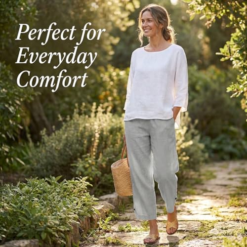 Image of Linen Pants Women 2026 Summer Beach Vacation Trousers Elastic Waist Linen Capris Pants Boho Casual Travel Pant