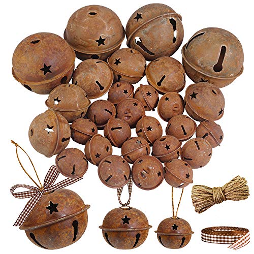 Winlyn 28 Pack Rusty Jingle Bells with Star Cutouts Christmas Sleigh Bells Rustic Metal Craft Bells Star Bells with Jute Rope Ribbon for Holiday Season Primitive Country Decor 3 Sizes 16 24 35