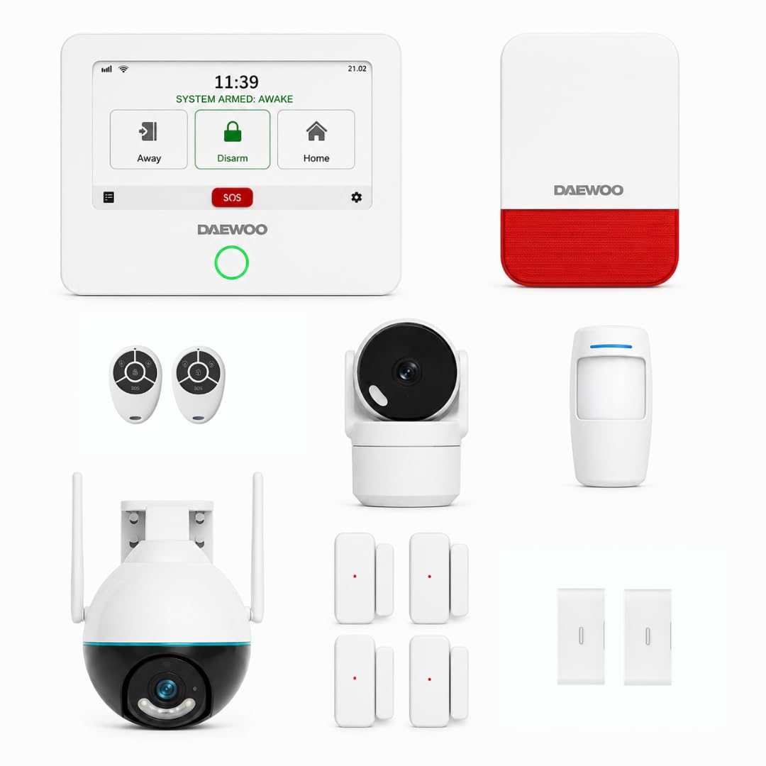 Daewoo Security Pack Alarme Maison AM311 – Centrale Tactile Wi-FI & GSM, 2 Caméras HD 1080p Rotatives Intérieure IP506 & Extérieure EP506, Sirène WOS305, Détecteur Anti-Animaux, sans Abonnement