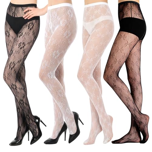Lwezgi 4 paires de Collant Dentelle, Motif floral ajouré, Motif élégant noir et blanc Bas Dentelle, Collants en résille élastique, Nœud papillon...