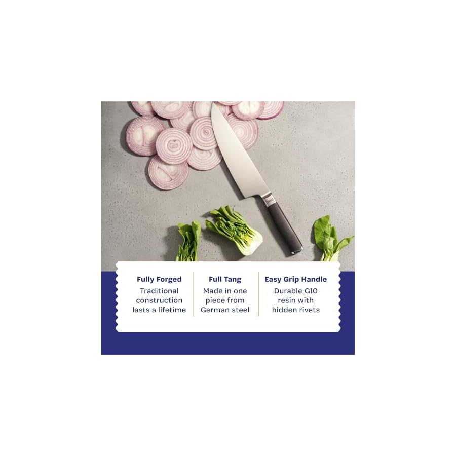 LEGEND-COOKWARE-Premium-8-German-Steel-Chef-Knife-Professional-Kitchen-Knives-Sharp-Full-Tang-Stainless-Steel-wBlack-G10-Handle-All-Purpose-Cooking-Chefs-Knife-Gift-Packaging-wSheath LEGEND COOKWARE Premium 8” German Steel Chef Knife - Professional Kitchen Knives - Sharp, Full Tang Stainless Steel w/Black G10 Handle - All Purpose Cooking Chef’s Knife - Gift Packaging w/Sheath