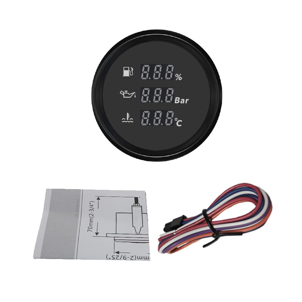 ELING Misuratore digitale multifunzione da 52 mm con indicatore di livello del serbatoio del carburante, pressione dell'olio, indicatore della temperatura dell'acqua 12 V 24 V con retroilluminazione a