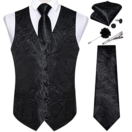 DiBanGu Mens Paisley Vest Tie Set with Lapel Pin Tie Clip 7PCS Silk V-Neck Suit Waistcoat and Necktie for Tuxedo Wedding, Black, 3X-Large