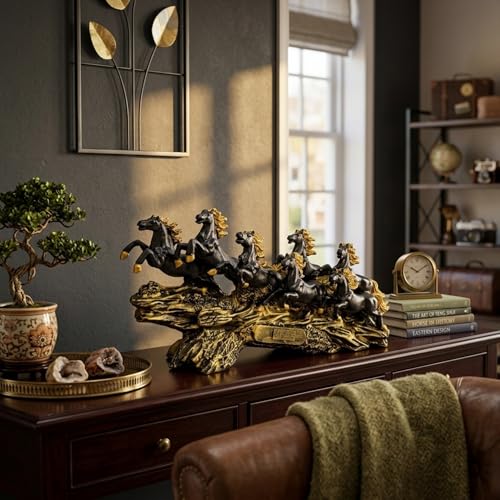 Image of eCraftIndia Golden & Black Resin 7 Running Victory Horse Statue | Vastu Feng Shui Showpiece for Home Decor Office | Horse Figurine Good Luck Gift for Housewarming Birthday