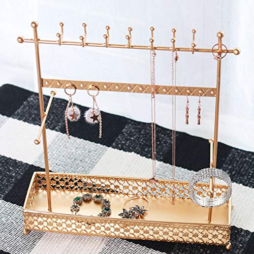 Yamfurvo Metal Jewelry Display Stand with Tray for Necklace, Earring, Bracelet, Watch, Gold (4 Tier Lace Tray) - Image 4