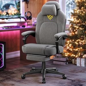 SONGMICS HOME Gaming-Stuhl, ergonomischer Computerstuhl mit Fußstütze, Bürostuhl, Drehstuhl mit Kopfkissen, Baumwoll-Leinen-Mischgewebe, höhenverstellbar, Taubengrau OBG072G01